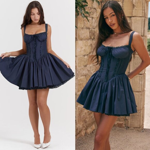 House of CB Dresses & Skirts - House of CB Pietra French Navy Blue Corset‎ Sweetheart Lace Trim Mini Dress XL